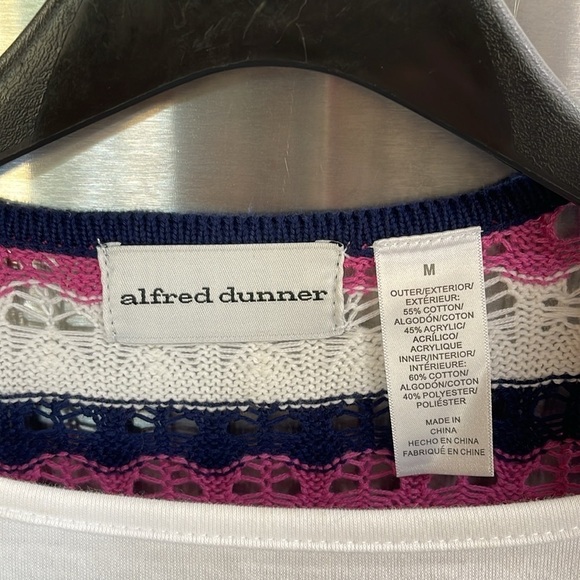 Alfred Dunner Crochet Striped raspberry blue & white open Cardigan Long Sleeve M - Picture 2 of 14